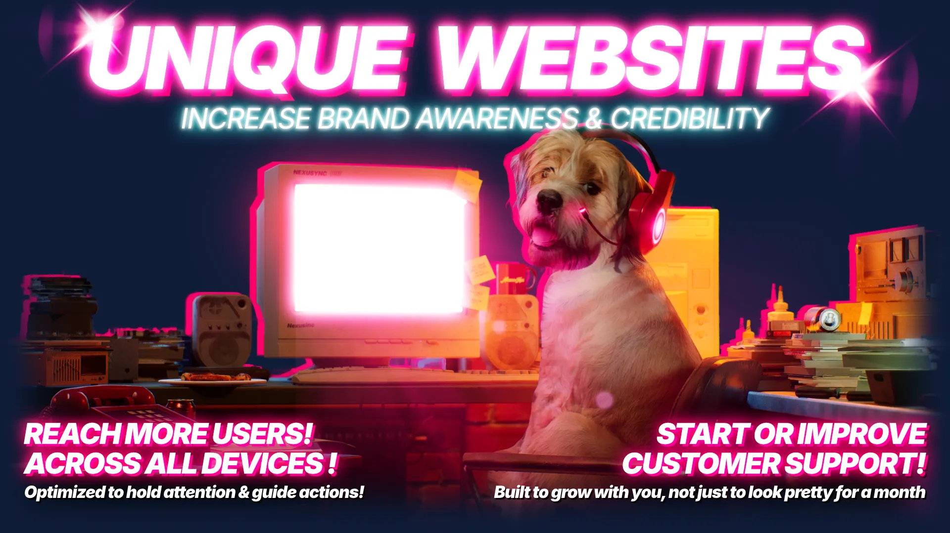 Bella, CEO of Nexus Hue, sits by a glowing vintage PC in pink, with poster text ‘Increase brand awareness and credibility’ promoting website design
