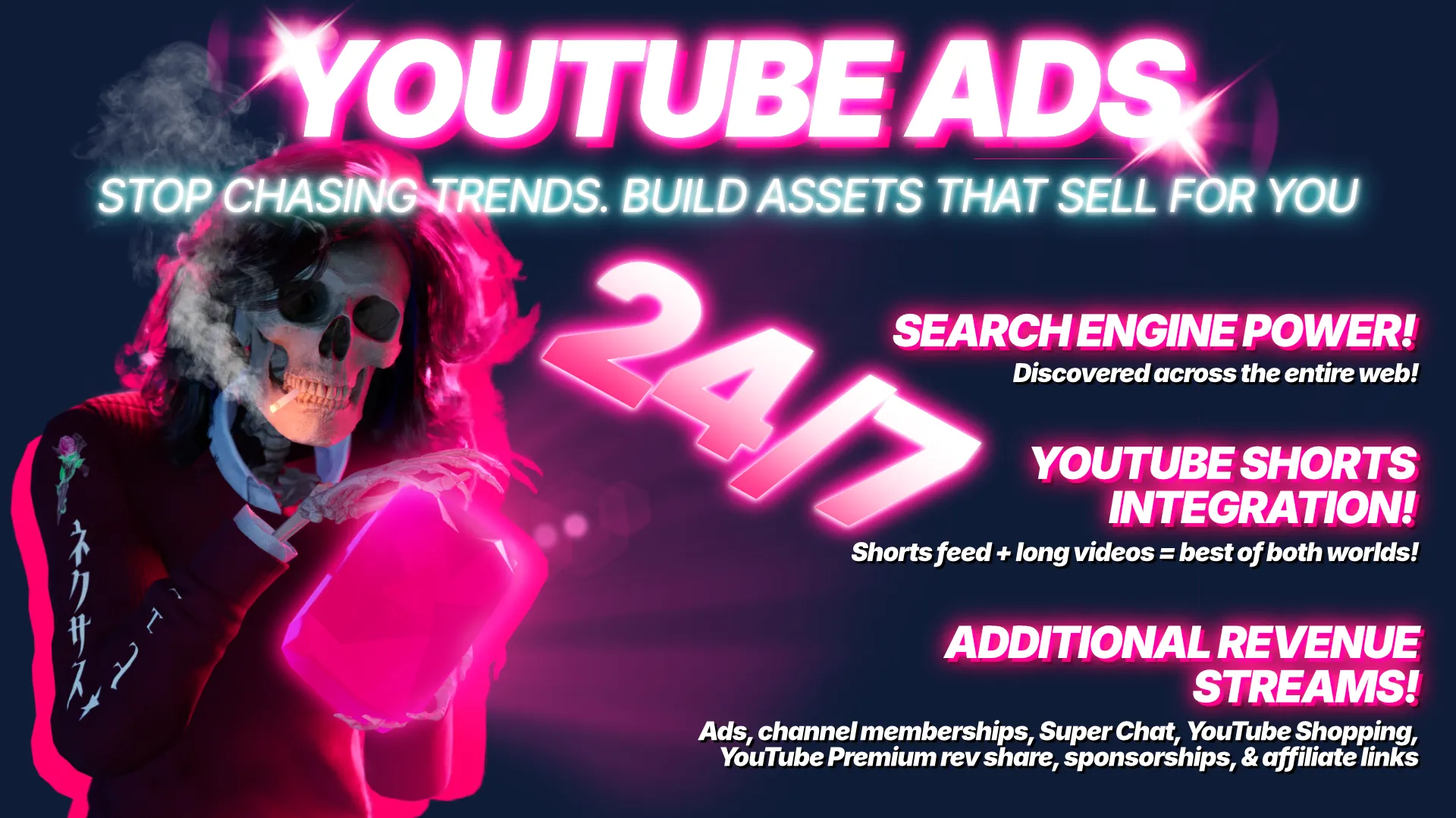 Creative YouTube ads promo showing Nexus Hue holding glowing Youtube play button, with text ‘Build assets that sell for you.