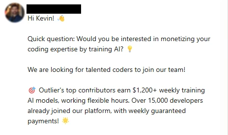 Message asking if interested in monetizing my code to train Ai