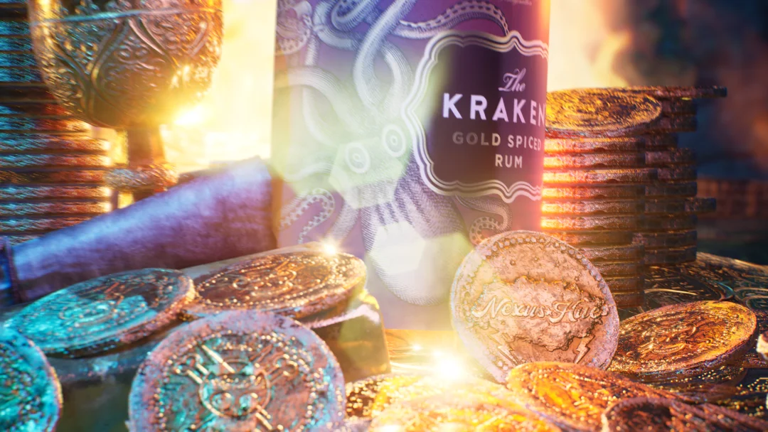 Kraken Gold Rum Bottle and Nexus Hue Gold standard Coins