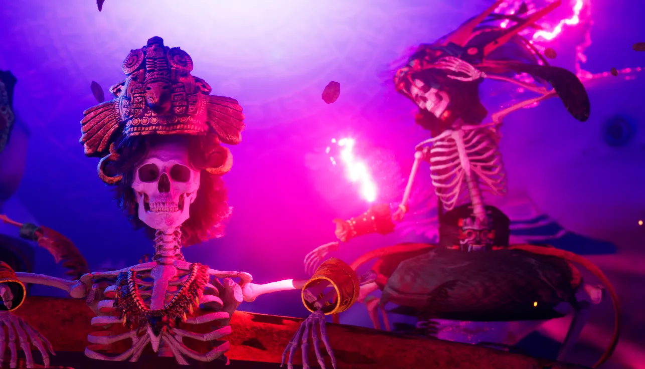 Final render of Santa Catrina 3D animation showing a skeleton inside a boiling pot as a sacrifice to the lightning deity Tlaloc, with full textures and lighting