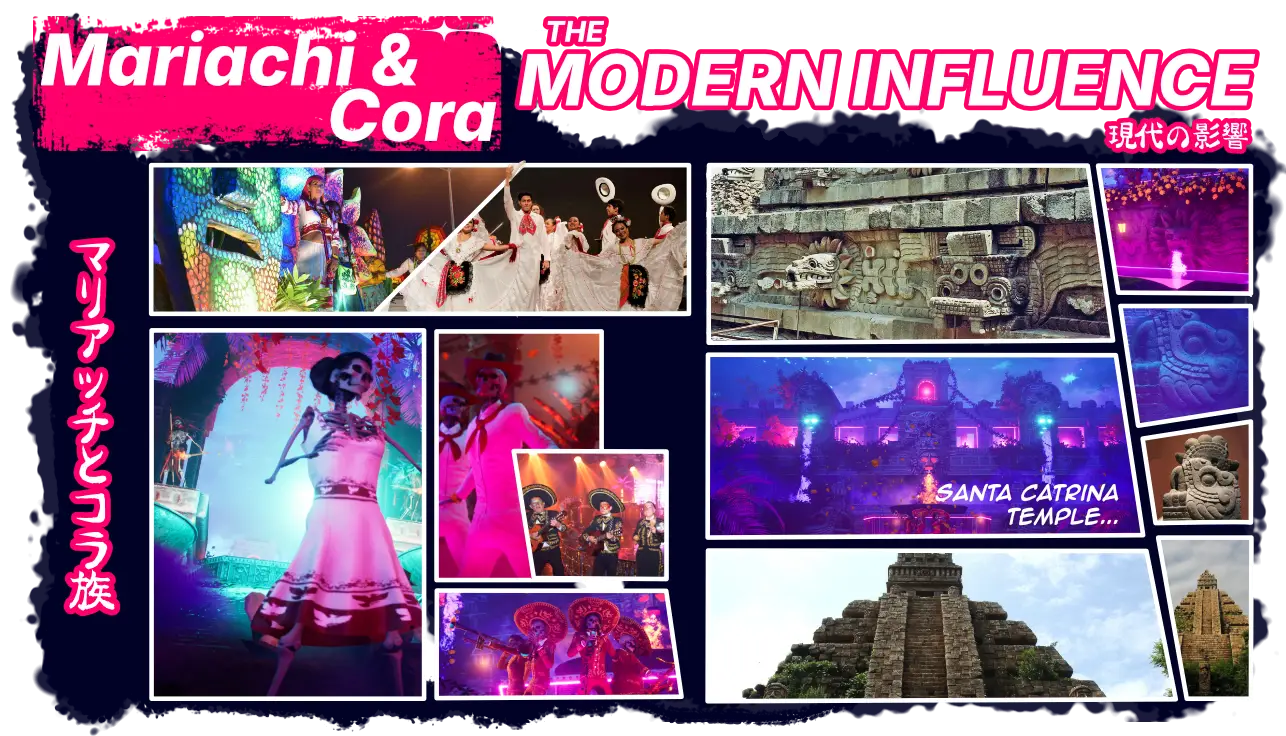 Photos inside panels showcasing the influence of Mariachi culture and the Cora people, with temple-inspired set designs, comparing the real-world inspirations to the version created for Santa Catrina