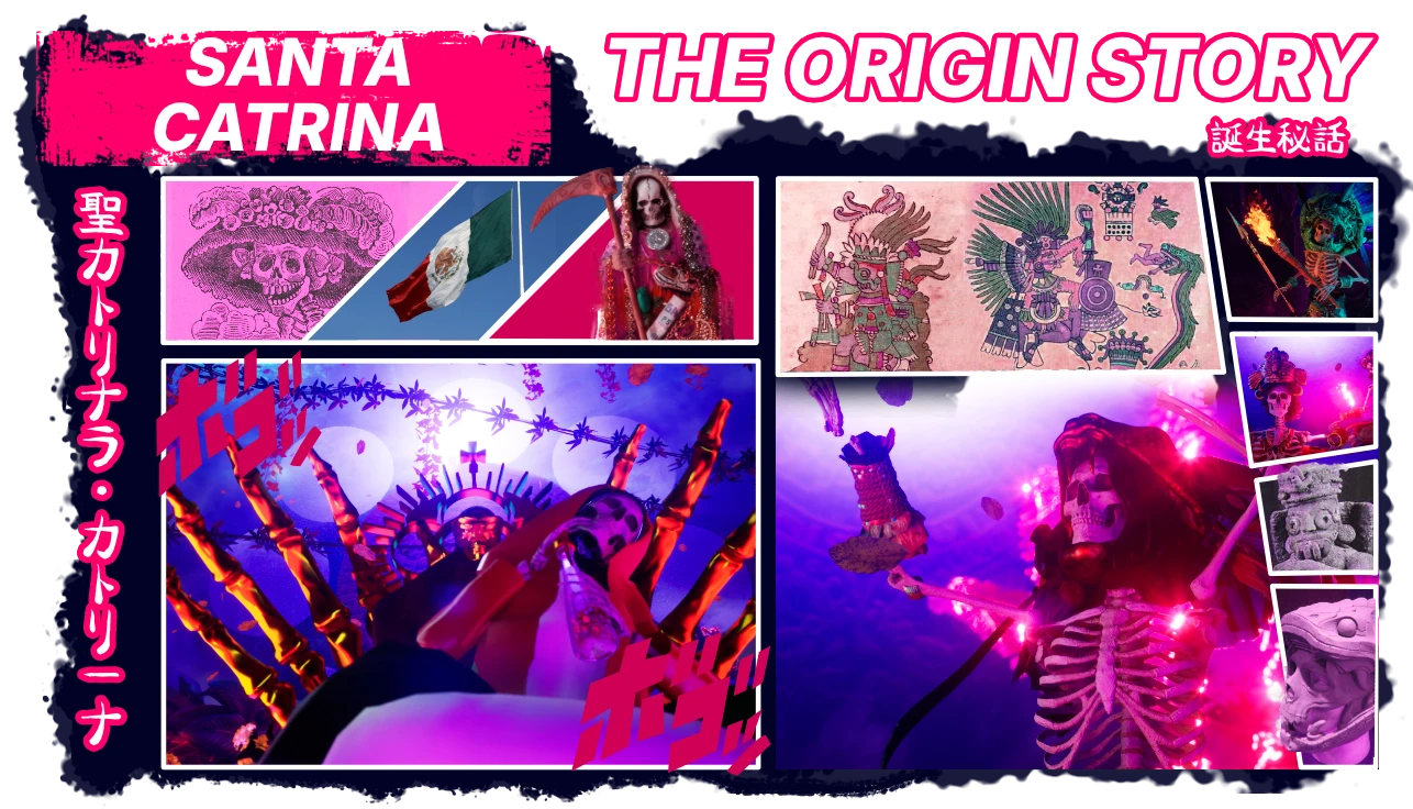 Manga-style panel depicting the origin story of Santa Catrina, combining La Santa Muerte and La Catrina, with the gods Quetzalcoatl and Tlaloc as the inspiration for Santa Catrina's creation